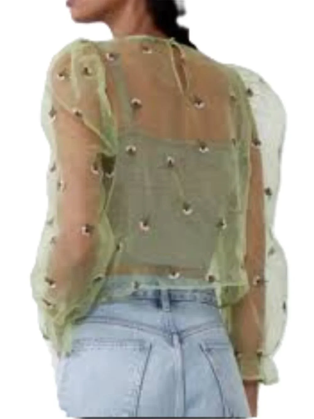 Zara Light Green Floral Embroidered Organza Puff Sleeve Blouse Sheer Top Medium